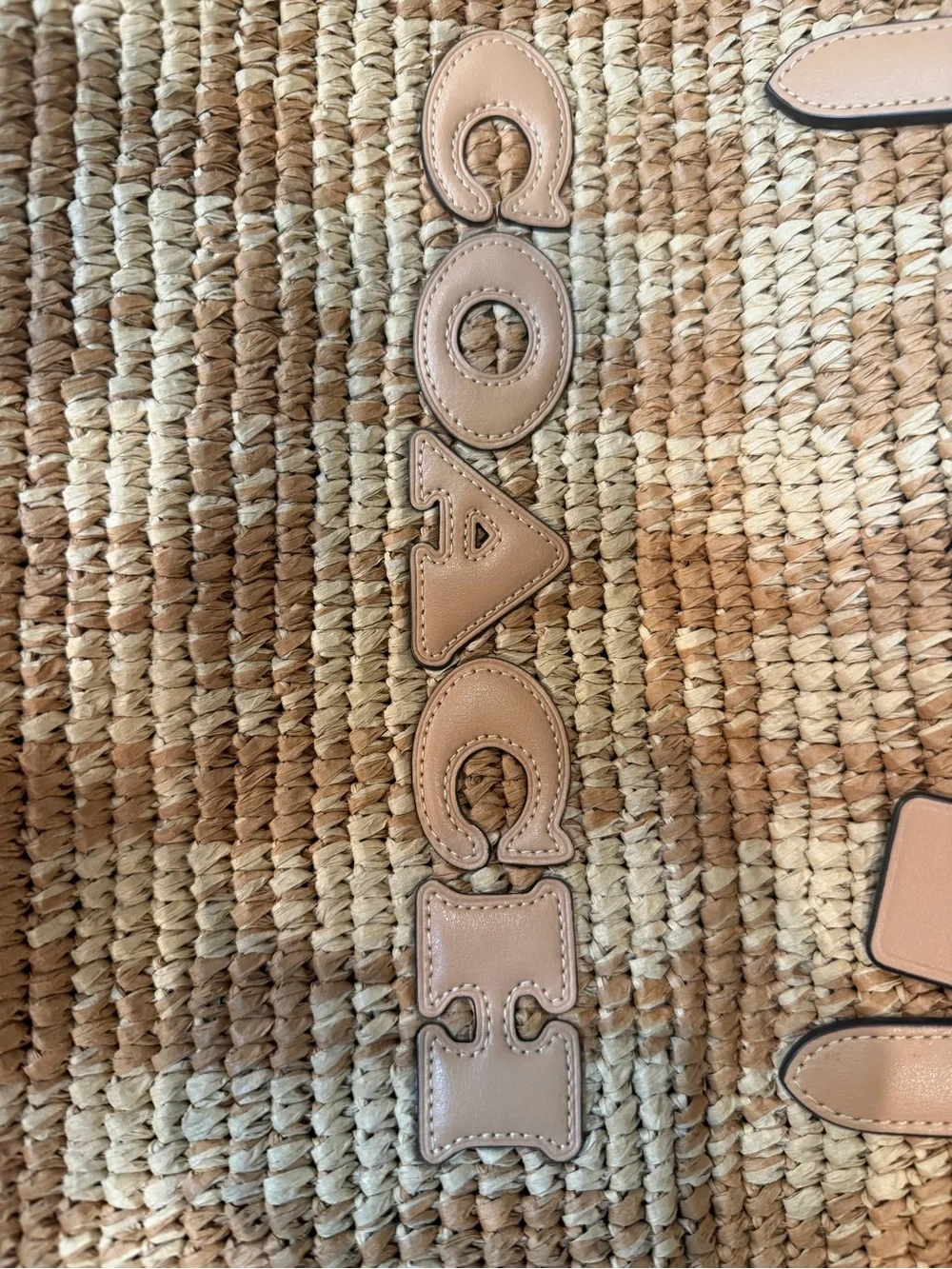 Coach Straw Woven Tote Brown & Tan w/ Leather Double Handles Snap, Lined, Charm